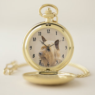 Silky Terrier Painting - Cute Original Dog Art Pocket Watch