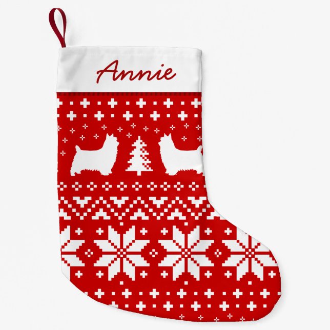 Silky Terrier Silhouettes Dogs Holiday Red Small Christmas Stocking (Front)