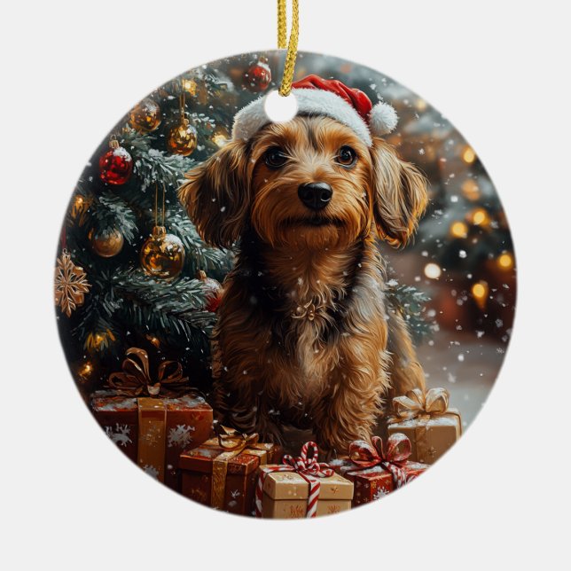 Silky Wire Haired Dachshund Christmas Ceramic Ornament (Front)