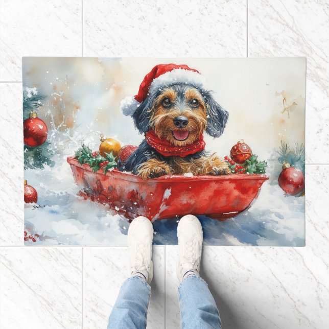 Silky Wire Haired Dachshund in Snow Christmas Doormat (Indoor)