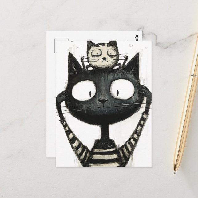 Silly Adorable Cats Black and White Drawing Postcard (Front/Back In Situ)