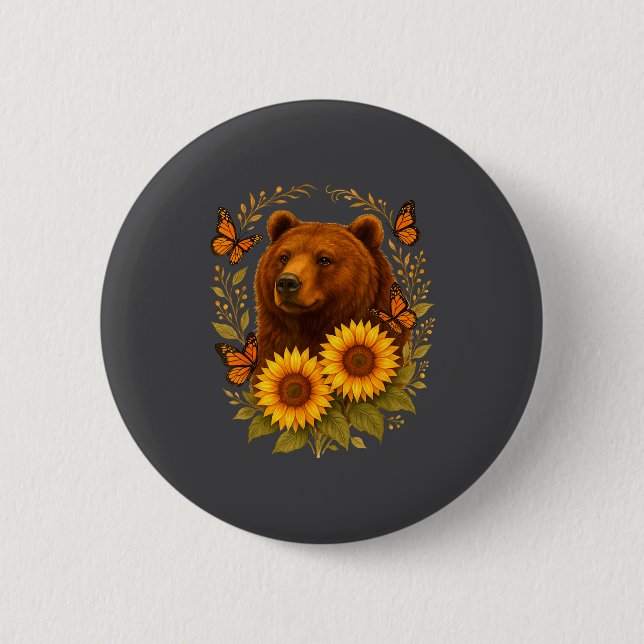 Silly Bear Butterfly Nature Rustic Sunflower Monar Button (Front)