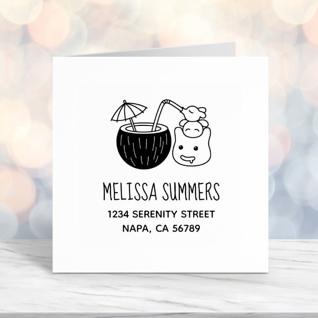 Silly Blob Creatures Having Coconut Drink Address Self-inking Stamp (Creator Uploaded)
