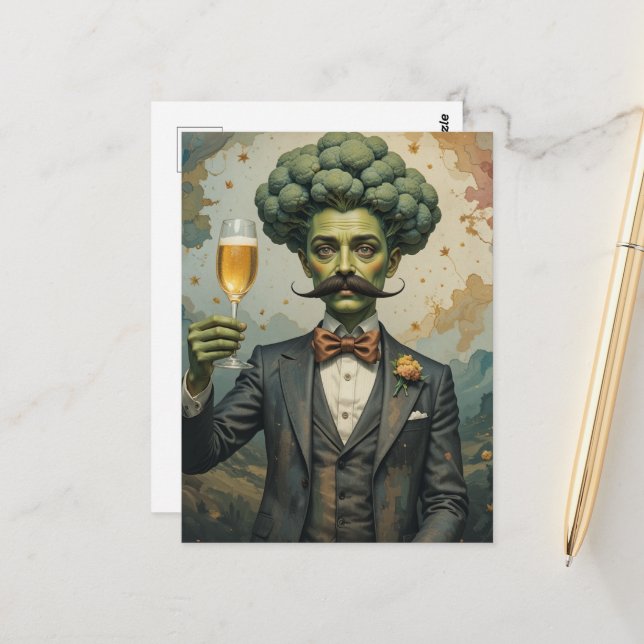 Silly Brocolli Man Making a Toast Postcard (Front/Back In Situ)