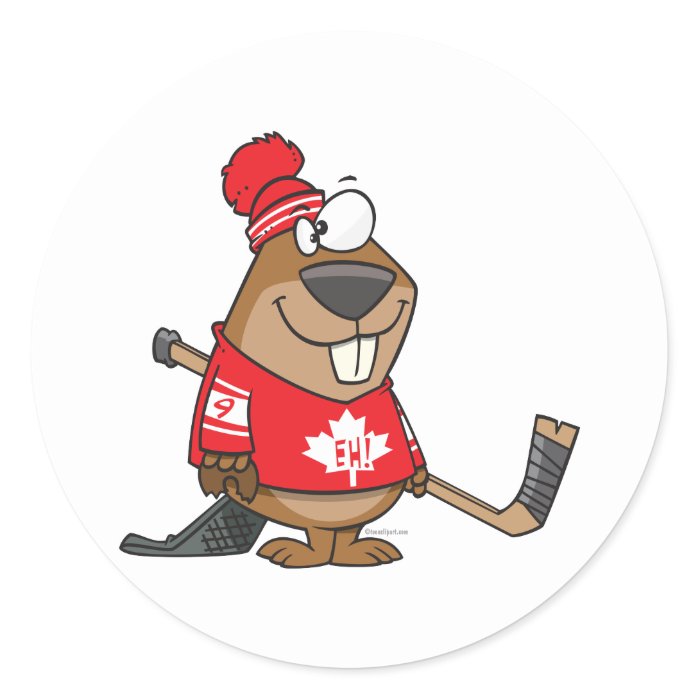 silly canadian hockey beaver cartoon round sticker