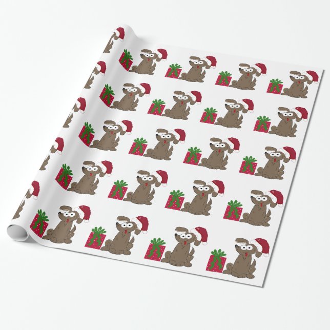 Silly Cartoon Dog in a Santa Hat Wrapping Paper (Unrolled)