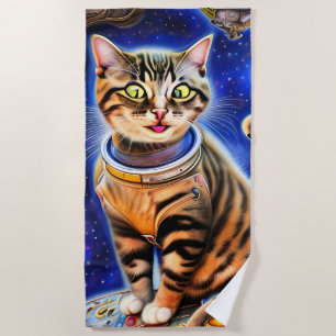 Silly Cat in Space World Meme Artwork Beach Towel