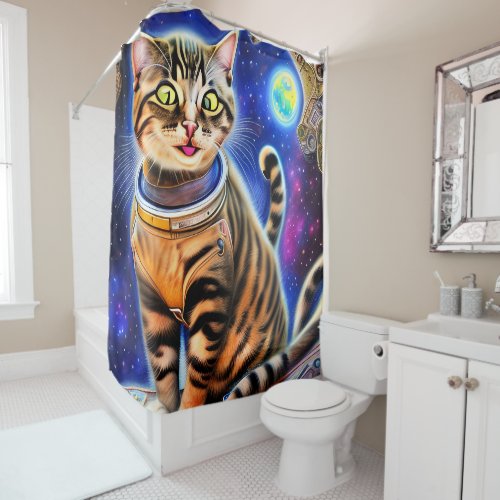 Silly Cat in Space World Meme Artwork Shower Curtain