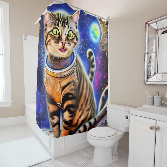 Silly Cat in Space World Meme Artwork Shower Curtain (In Situ)