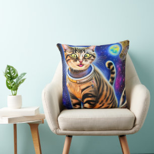 Silly Cat in Space World Meme Artwork Throw Pillow