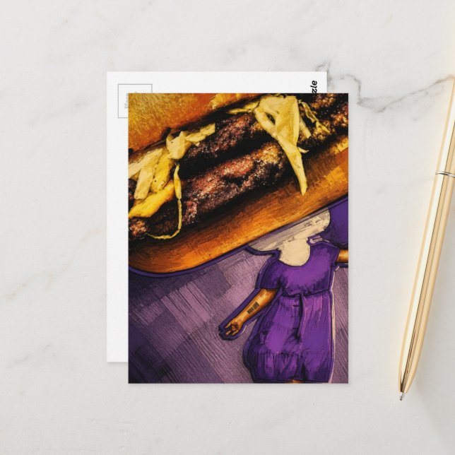 Silly Cheeseburger Purple Mushroom Lady Collage Postcard (Front/Back In Situ)