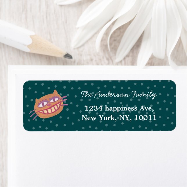 Silly cheshire cat dark green Christmas address Label (Insitu)