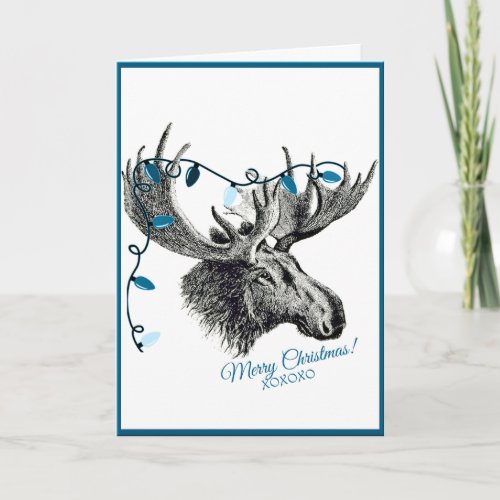 Silly Christmas Moose with Blue Lights Holiday Card