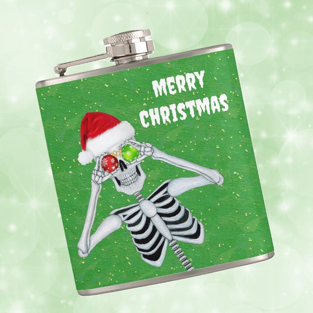 Silly Christmas Skeleton Ornament Eyes Green Gold Flask (Silly Merry Christmas skeleton ornament eyes Santa hat on green with gold flecks hip drinking flask.)