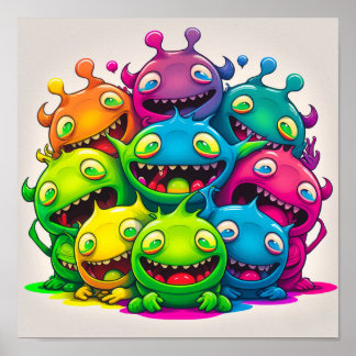 Silly Colorful Smiling Creatures Poster