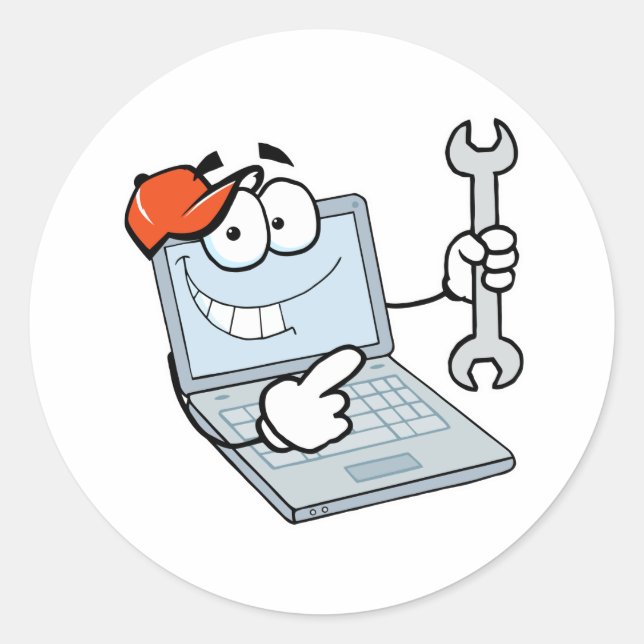 silly computer repair cartoon laptop with wrench classic round sticker (Front)