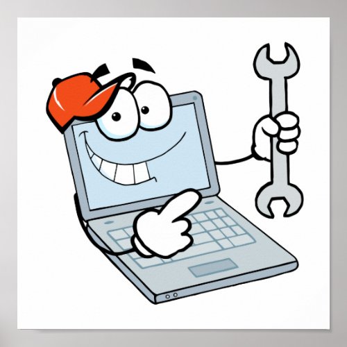 silly computer repair cartoon laptop with wrench poster