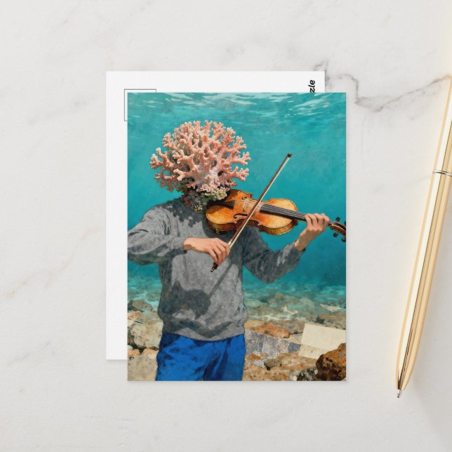 Silly Coral Ocean Person Making Music Postcard (Front/Back In Situ)