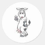 silly cow drinking milk classic round sticker