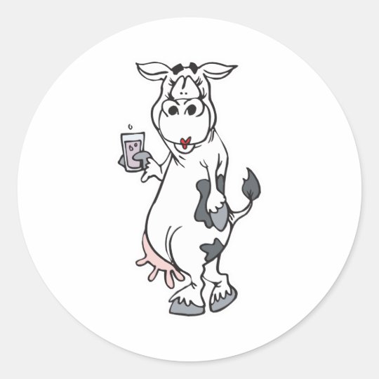 silly cow drinking milk classic round sticker