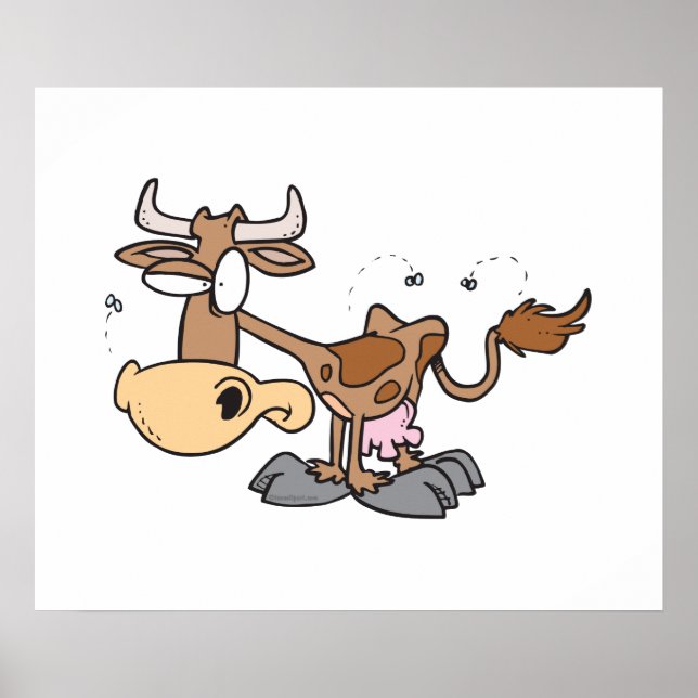 silly cute brown cow bugged by flies cartoon poster (Front)