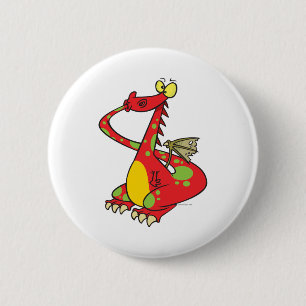 silly dragon with tail in mouth pinback button