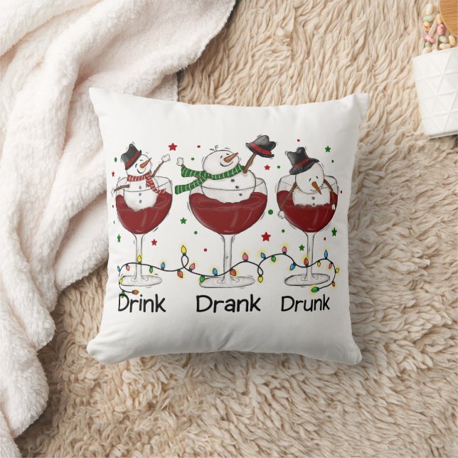 Silly “Drink, Drank, Drunk” Snowman and Wine  Throw Pillow (Blanket)
