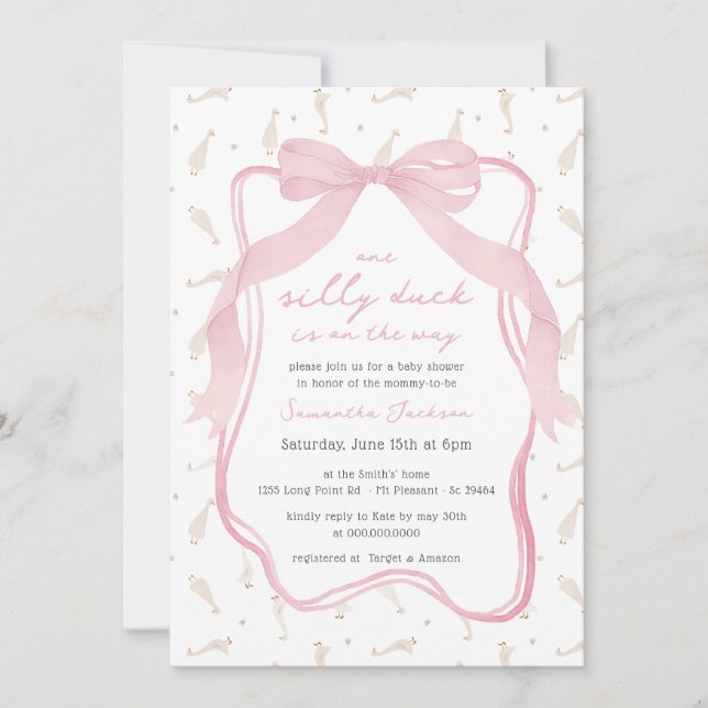 Silly Duck Blue Bow Boy Baby Shower Invitation (Front)