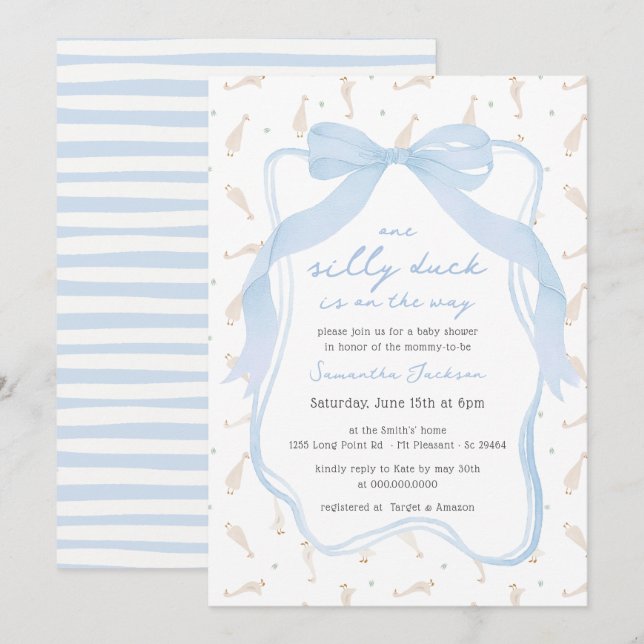 Silly Duck Blue Bow Boy Baby Shower Invitation (Front/Back)