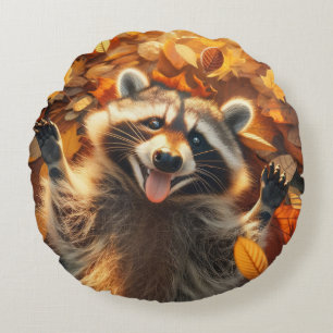 Silly Fall Raccoon  Round Pillow