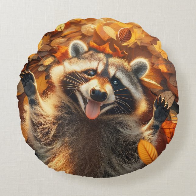 Silly Fall Raccoon  Round Pillow (Front)