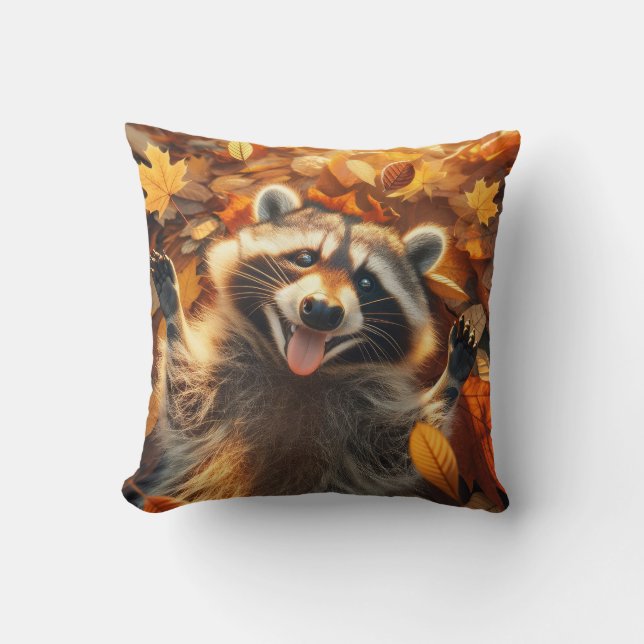 Silly Fall Raccoon  Throw Pillow (Front)