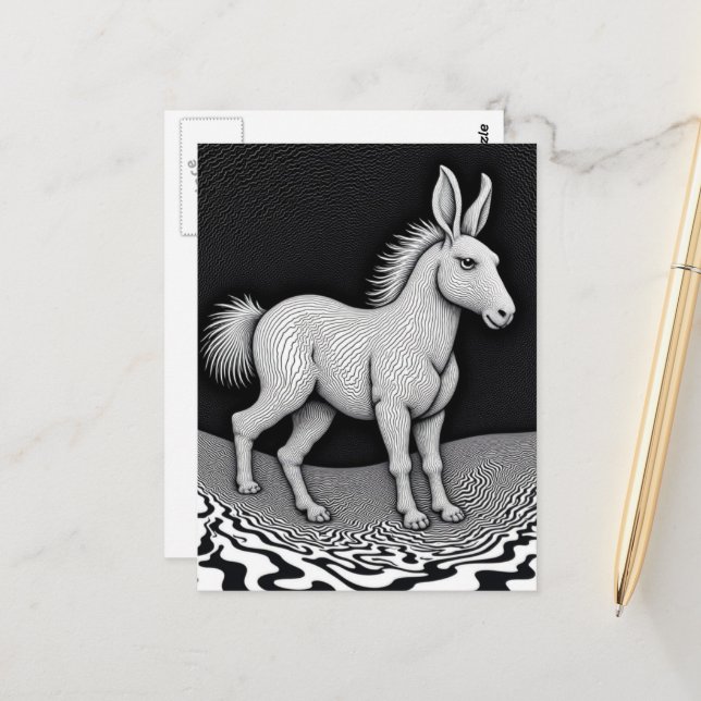 Silly Fantasy Rabbit Horse Critter Black and White Postcard (Front/Back In Situ)