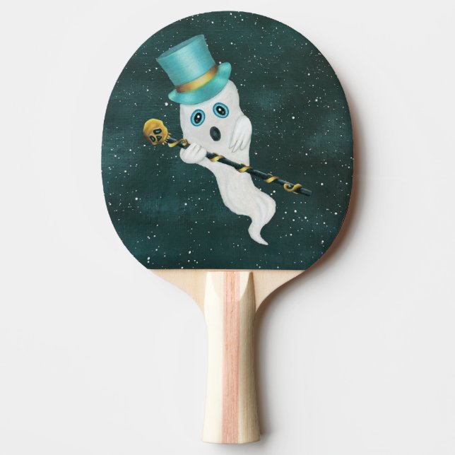 Silly Floating Ghost Blue Eyes Open Mouth Hat Cane Ping Pong Paddle (Front)