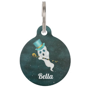 Silly Floating Ghost Bright Eyes Top Hat Cane Sky Pet ID Tag