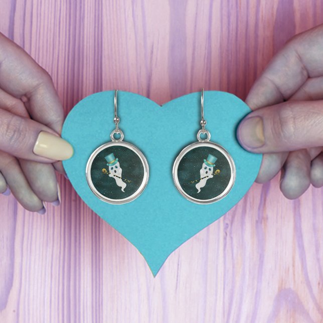 Silly Floating ghost in Blue Top Hat Skull Cane Earrings (Cute fancy ghosts in blue top hats holding gold skull canes night sky on dangle earrings Halloween.)