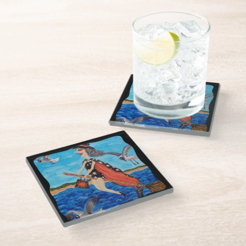 Silly Flying Witch in Bathing Suit Beach Seagulls Glass Coaster