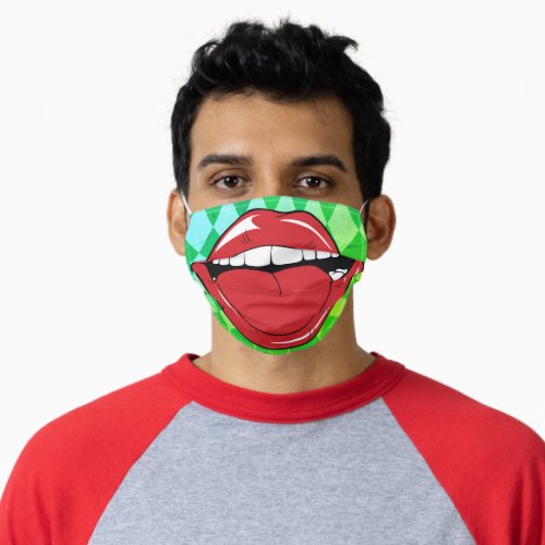 Silly Fun Big Lips Mouth Green Diamond Pattern Adult Cloth Face Mask