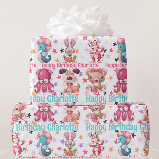 Silly Fun Girl's Birthday Add Name Squid Bunny Dog Wrapping Paper