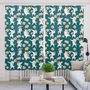 Silly Funny Dog Pattern in Teal Blue Blackout Curtains
