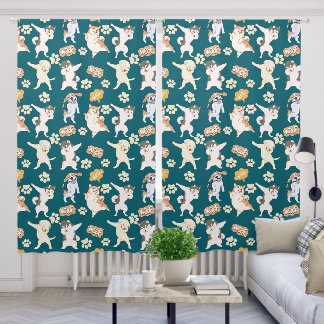 Silly Funny Dog Pattern in Teal Blue Blackout Curtains