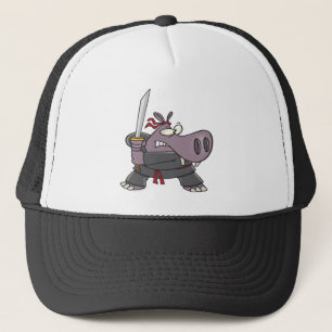 silly funny ninja hippo cartoon trucker hat