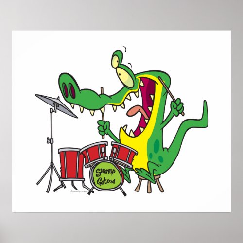 silly gator alligator drummer drumming cartoon poster