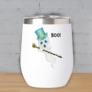 Silly Ghost Blue Eyes Top Hat Gold Skull Cane Boo Thermal Wine Tumbler