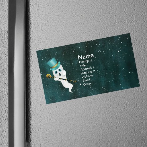 Silly Ghost in Night Sky Top Hat Ornate Skull Cane Business Card Magnet