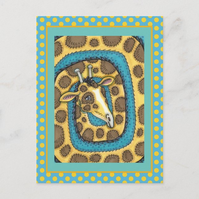 SILLY GIRAFFE LONG NECK AND SPOTS, FUNNY FOLK ART POSTCARD (Front)
