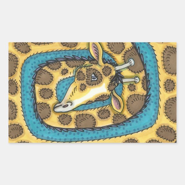 SILLY GIRAFFE LONG NECK AND SPOTS, FUNNY FOLK ART RECTANGULAR STICKER (Front)