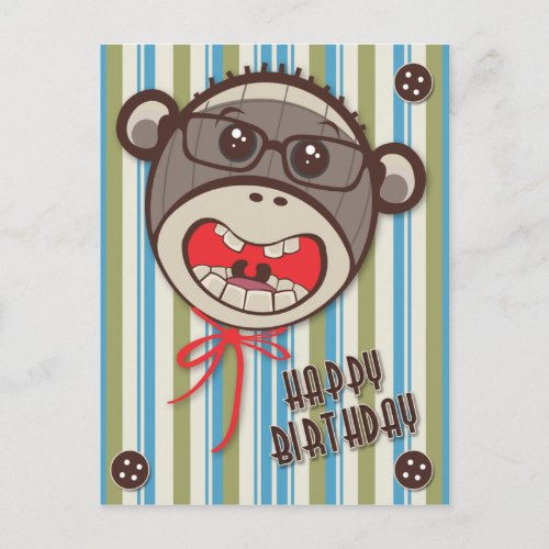 Silly Glasses Sock Monkey Happy B Day Postcard