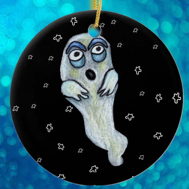 Silly Goofy Cartoon Ghost Big Eyes Stars Ceramic Ornament (silly ghost blue eyes floating on white stars on black Halloween hanging ornament.)