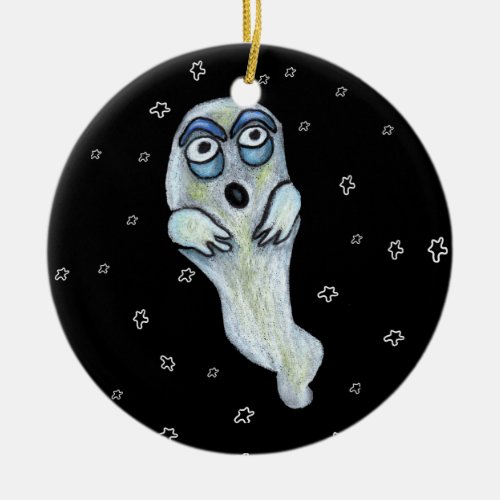 Silly Goofy Cartoon Ghost Big Eyes Stars Ceramic Ornament